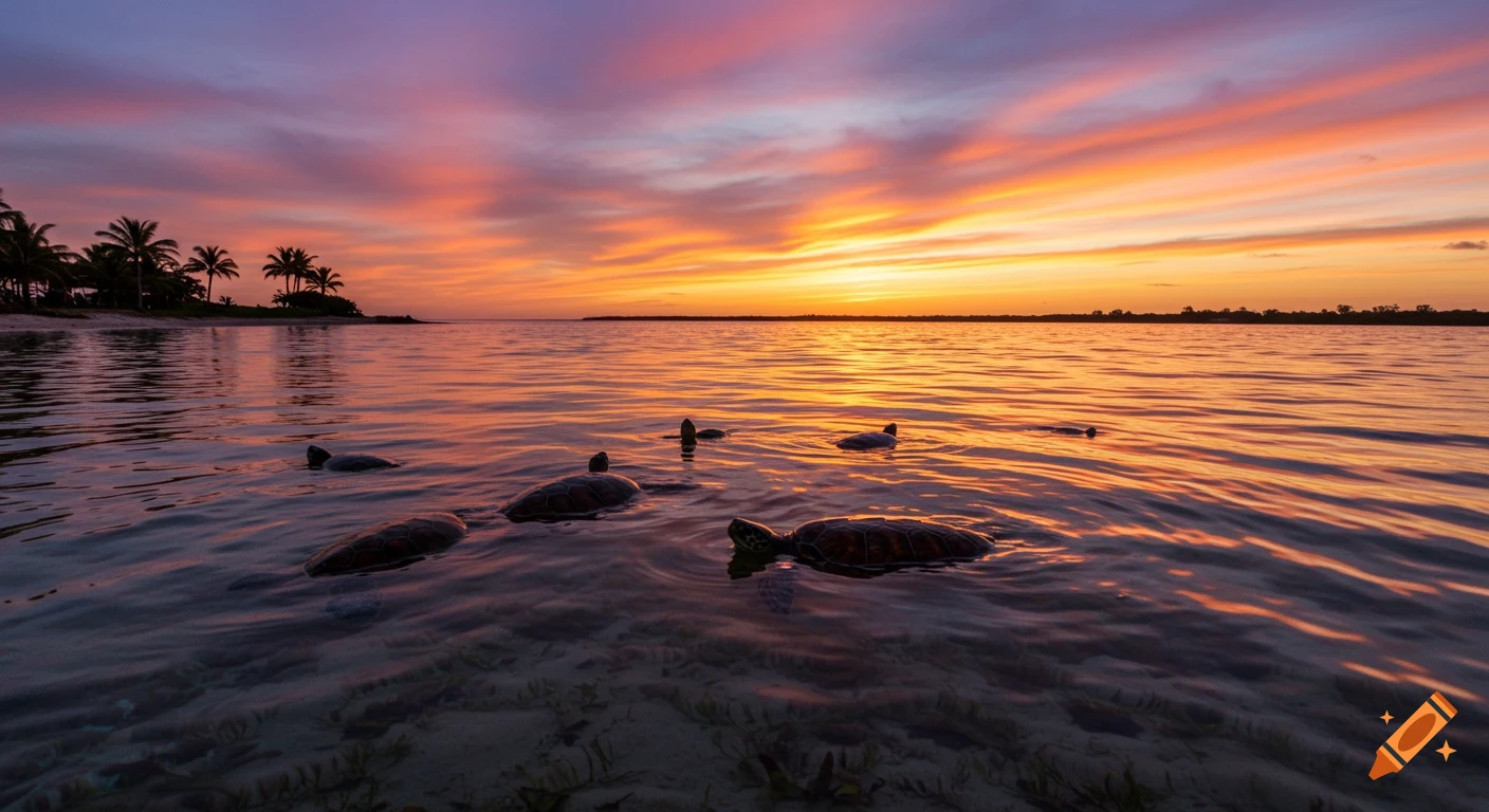 Several sea turtles swim in shallow, clear water near a tropical beach at sunset with colorful orange and purple clouds.