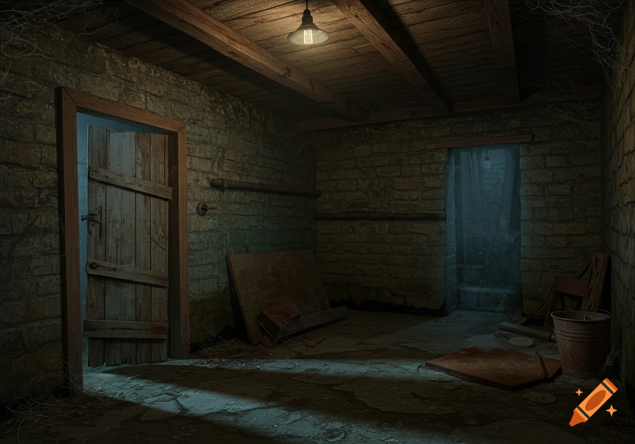 Dark, dusty basement room with an open wooden door, an overhead light, and another doorway.