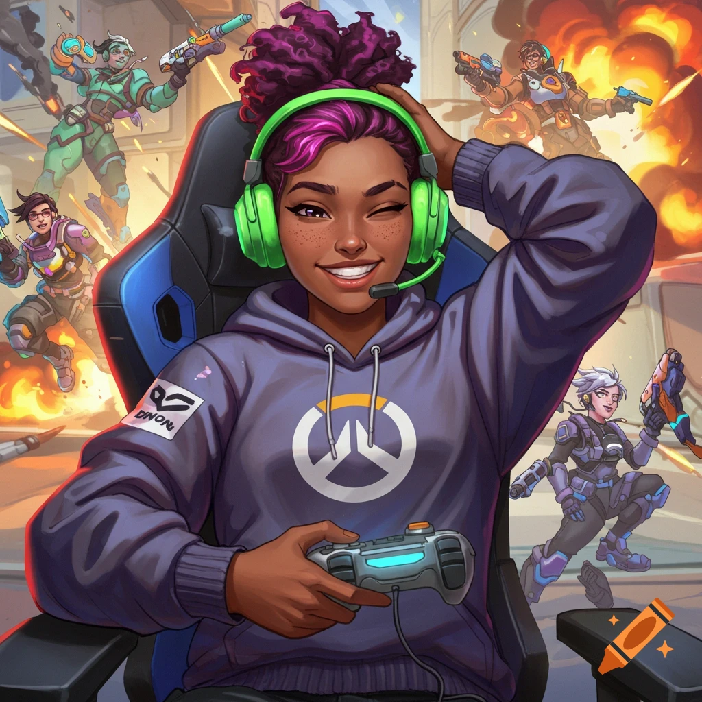 Stylized illustration of a woman in a gaming chair wearing headphones and a purple hoodie, winking and holding a controller, with Overwatch characters in action behind her.
