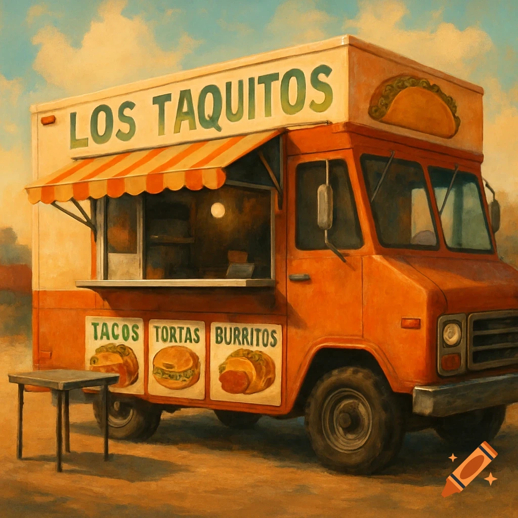 An orange food truck with 'Los Taquitos' painted in a desert setting.