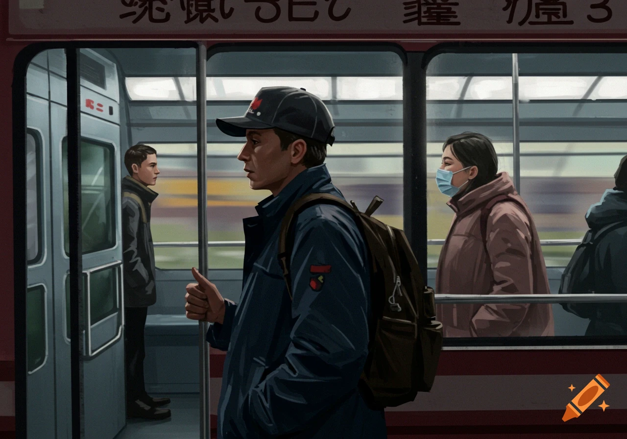 A man gives a thumbs up on a subway train with other passengers, painted style.