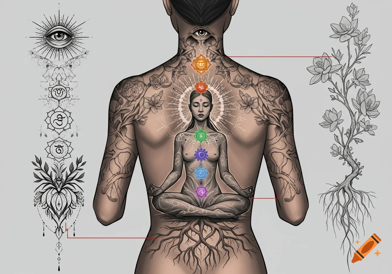 Illustration of a person's back tattoo featuring a meditating figure with chakras, roots, branches, flowers, and an all-seeing eye.