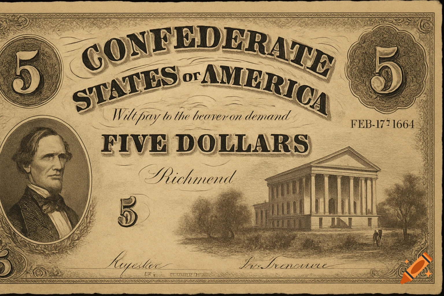 An engraving-style image of a Confederate States of America five dollar bill showing a portrait, building, and text.