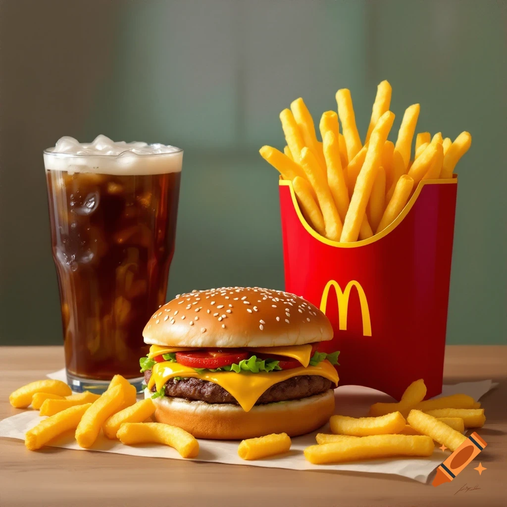 A close-up shot of a McDonald's burger, a large red box of fries, and a soda in a glass.