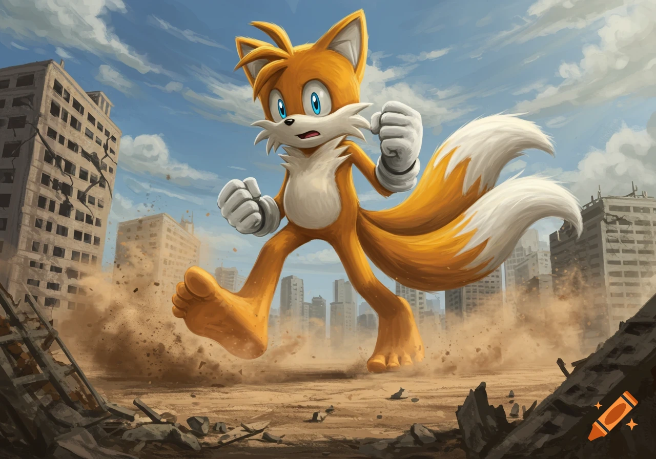 Giant Tails the Fox stomps through a ruined city, kicking up dust and debris.