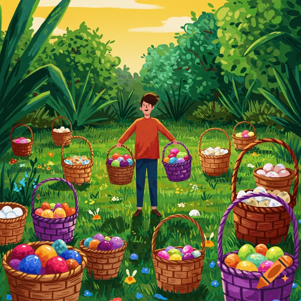 A boy holds two baskets surrounded by many baskets filled with colorful Easter eggs in a sunny garden.