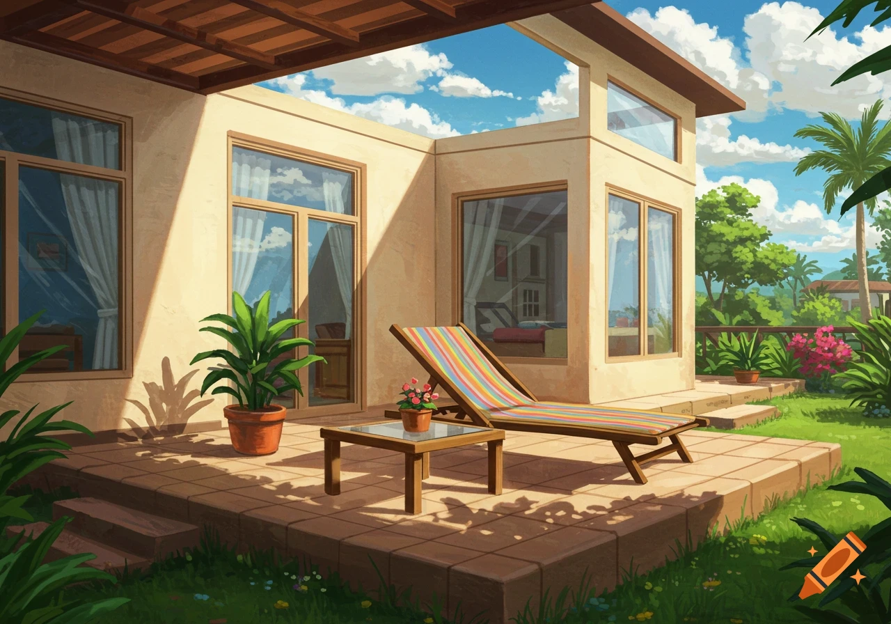 A sunny patio with a lounge chair and table outside a modern house with large windows, surrounded by a lush garden.