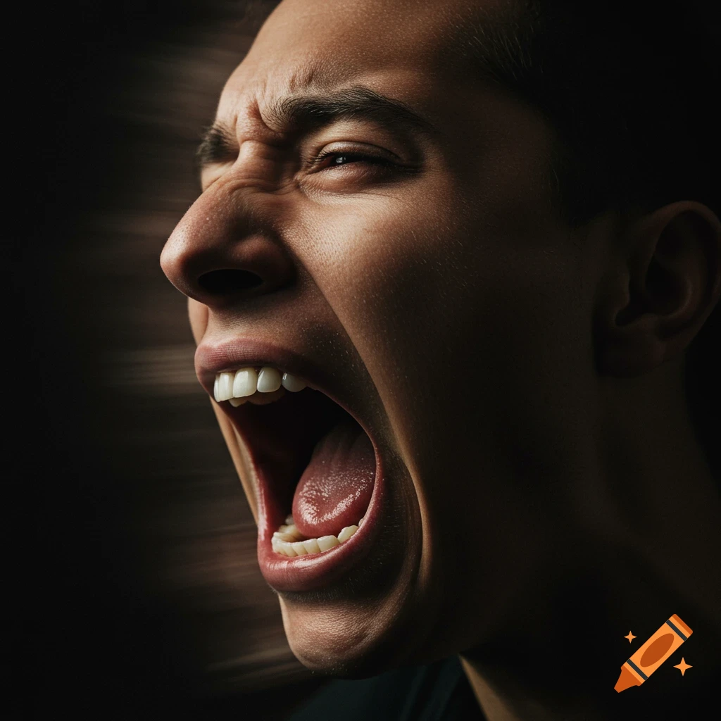 Close-up profile shot of a person screaming, showing intense emotion with motion blur.