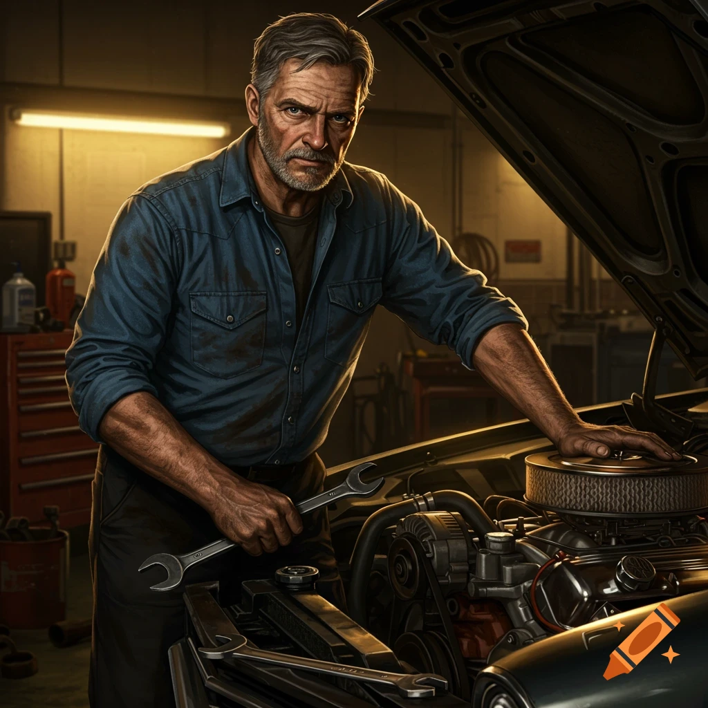 A mechanic in a blue shirt works on a car engine in a garage.