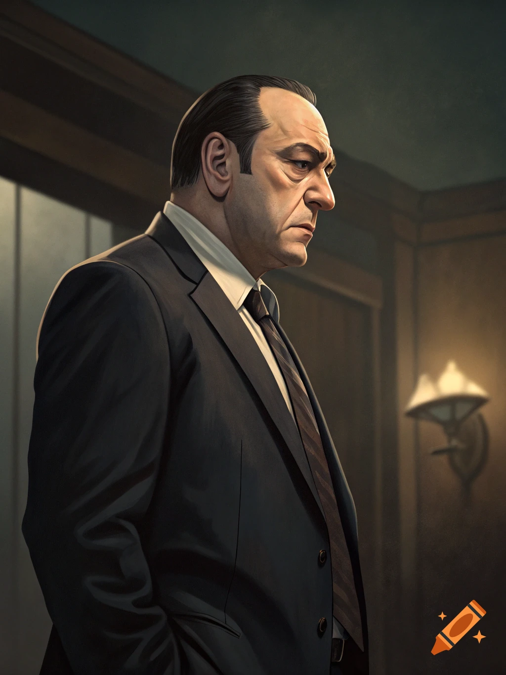 Portrait of a man in a dark suit looking off-camera in a dimly lit room.