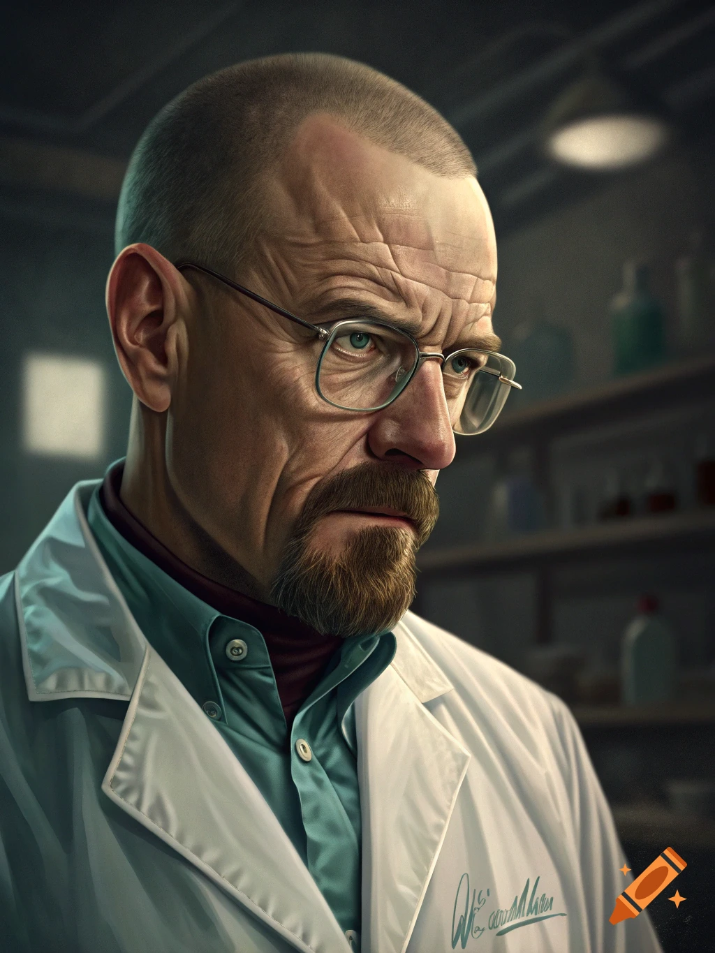 Realistic portrait of Walter White in a lab coat