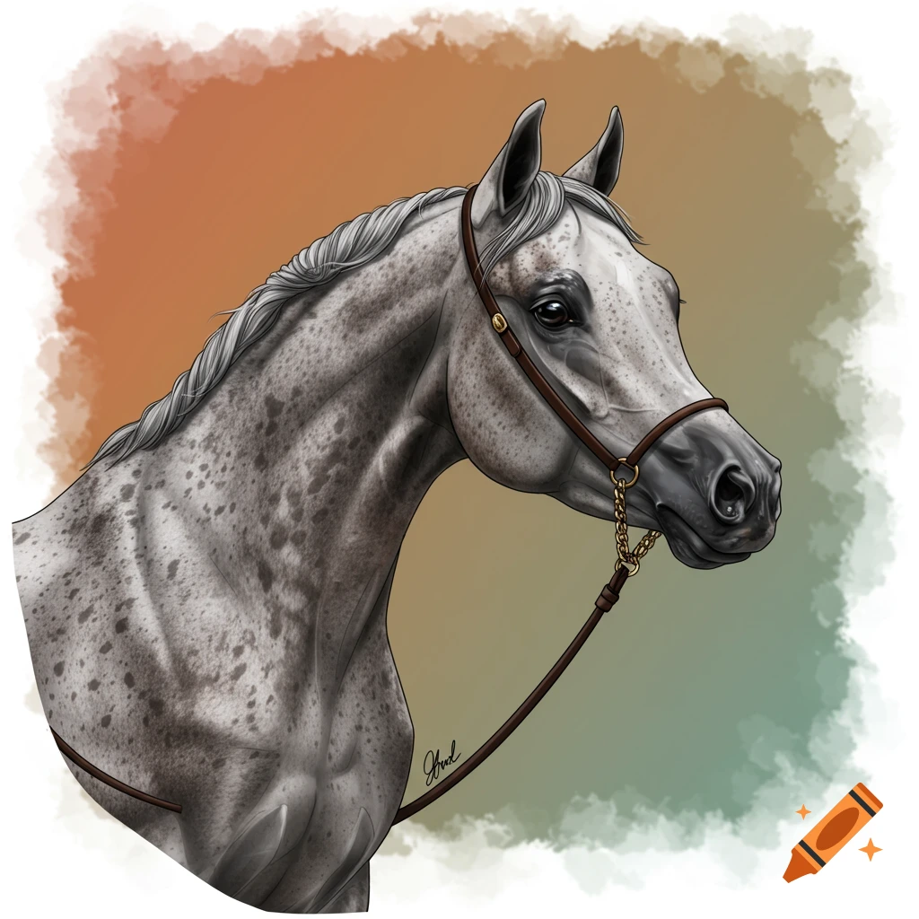 Illustration of a dappled grey Arabian horse head and neck in profile.