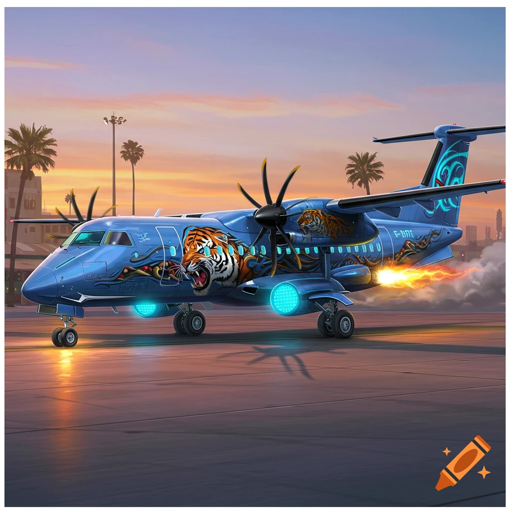 A blue airplane decorated with tiger art on a runway at sunset.