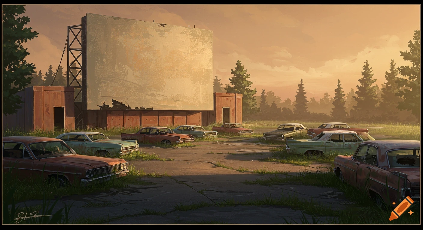 Abandoned drive-in movie theater with classic cars overgrown by grass, digital painting