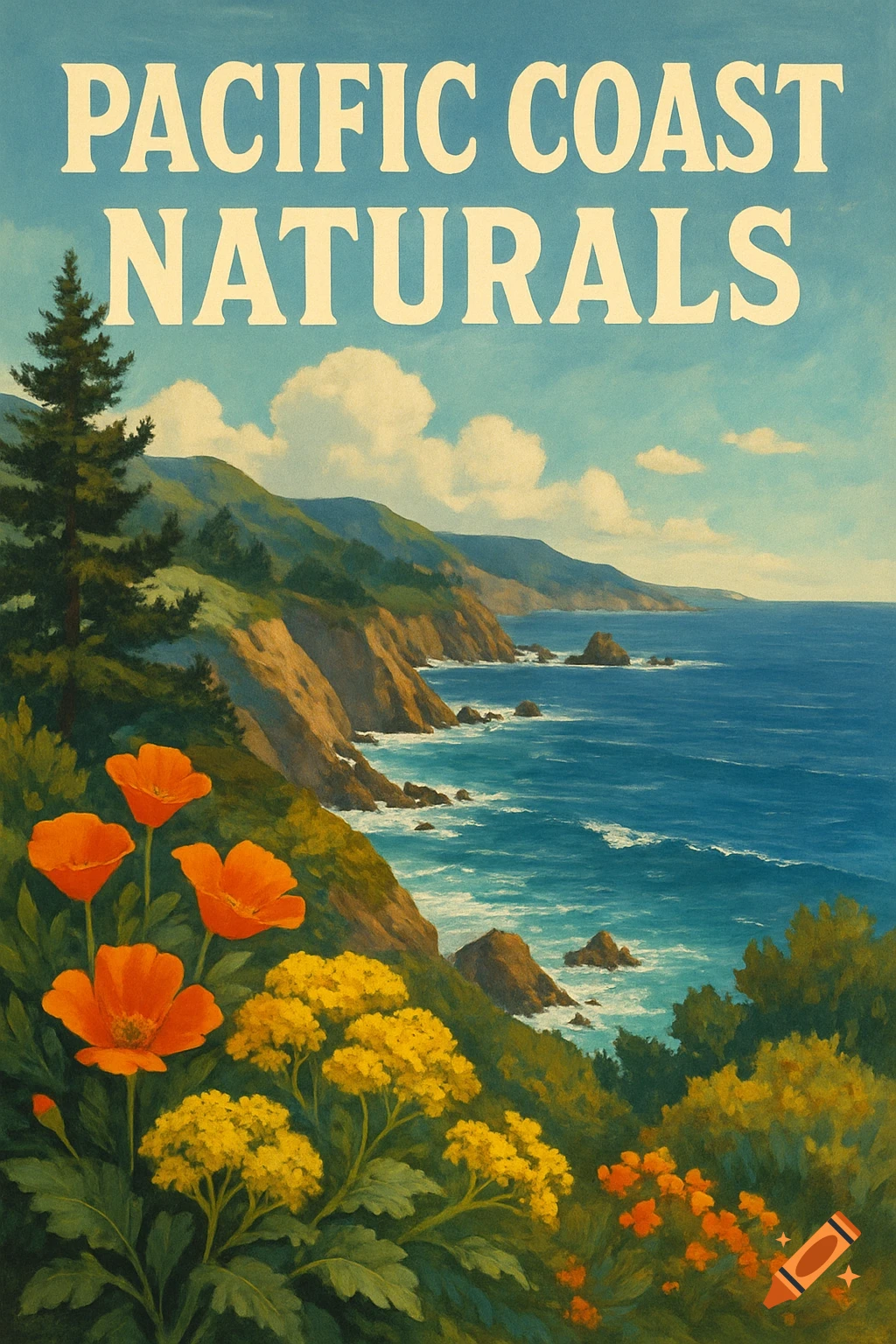 Painted vintage-style poster of the Pacific coast with cliffs, ocean, flowers, and text 'PACIFIC COAST NATURALS'
