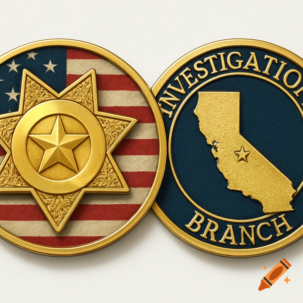 Close-up of two detailed challenge coins. One with a gold badge over a US flag, the other with California outline and text 'INVESTIGATION BRANCH'.