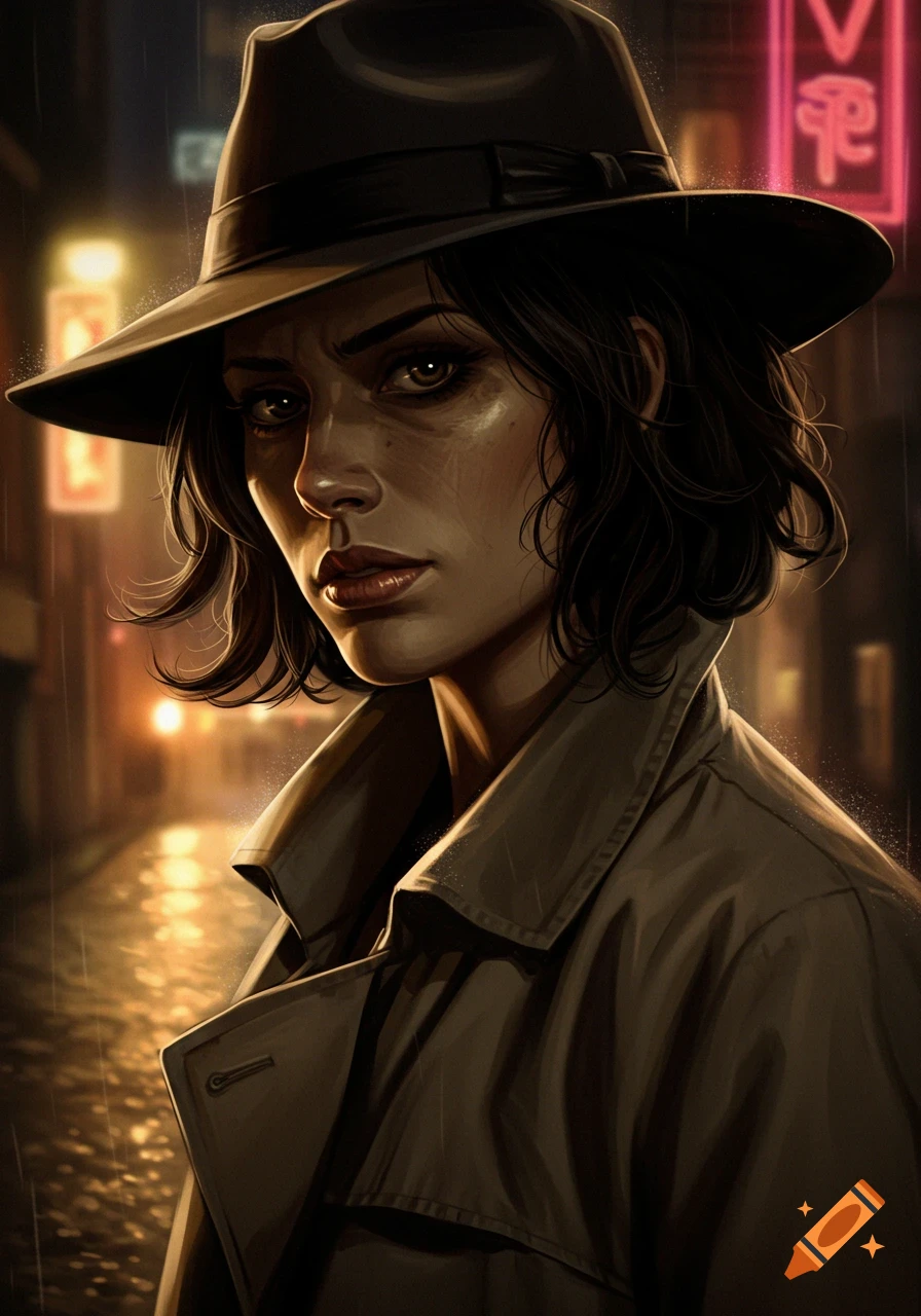 A woman in a fedora and trench coat stands in the rain at night.