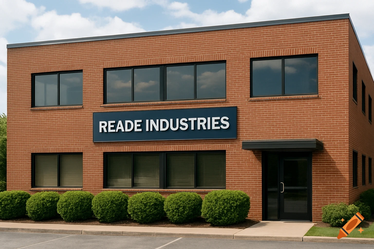 A brick building with a sign reading 'READE INDUSTRIES' above the entrance.