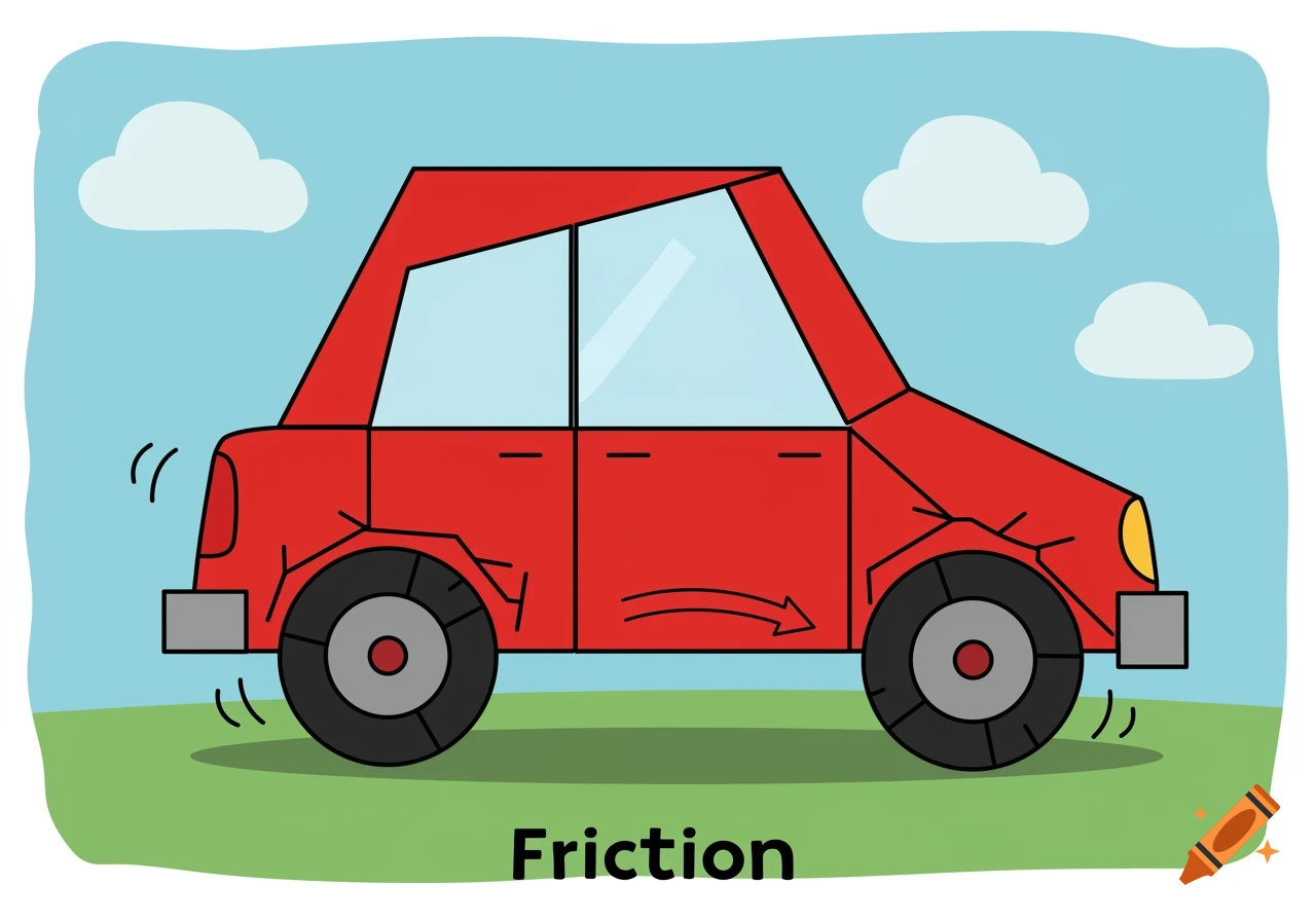 Cartoon red car showing friction with arrows and lines, on grass under a blue sky. The word Friction is below the car.