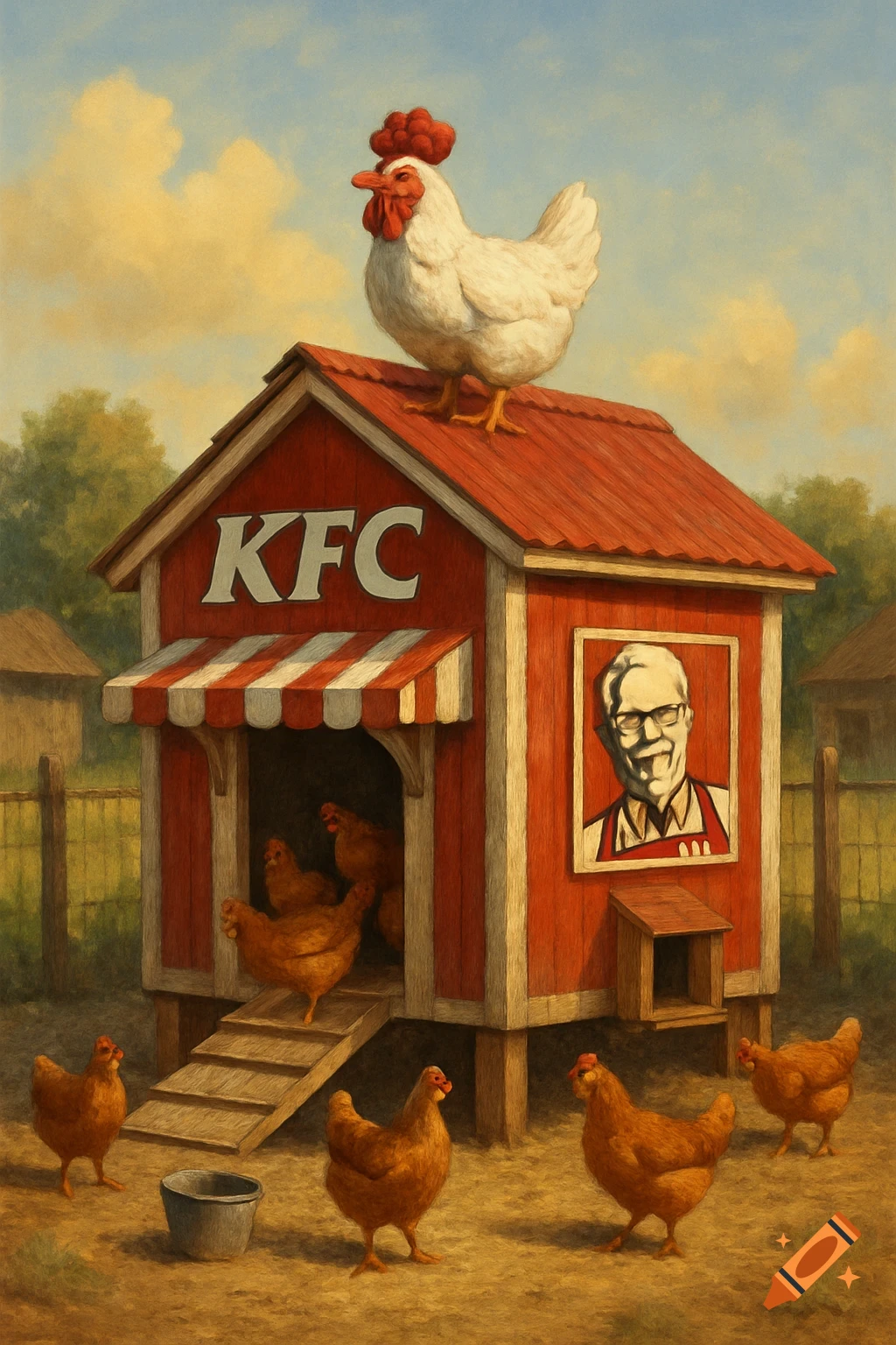 A painterly image of a chicken coop designed like a KFC building with chickens around it and a large chicken on top.
