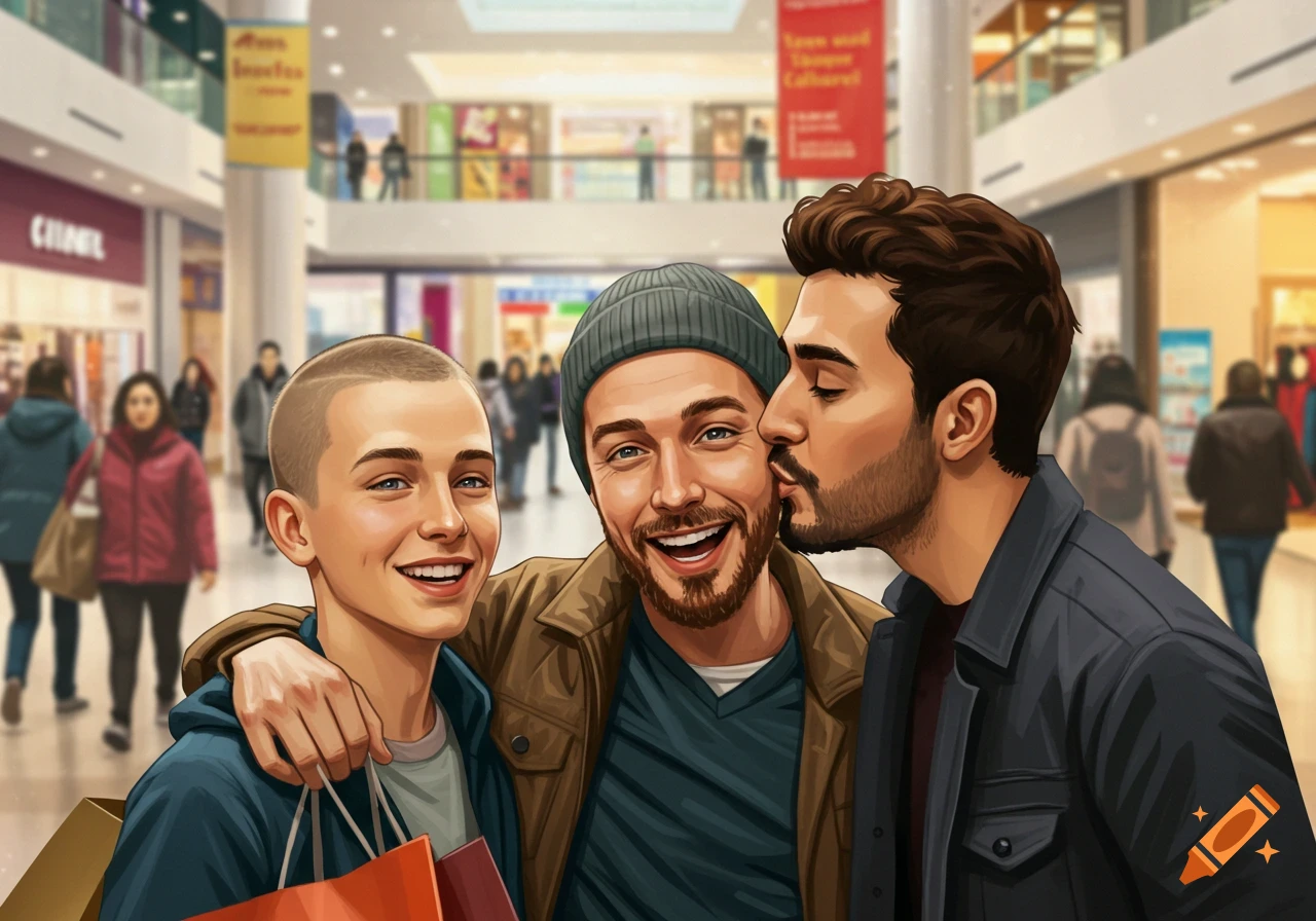 Illustration of three men in a mall, two holding shopping bags, one receiving a kiss on the cheek from another.