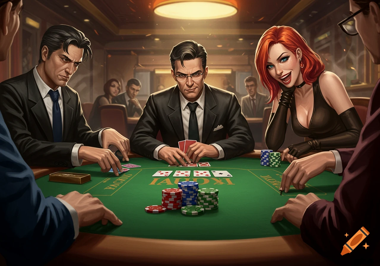 Four people playing poker at a table in a dimly lit room, stylized art.