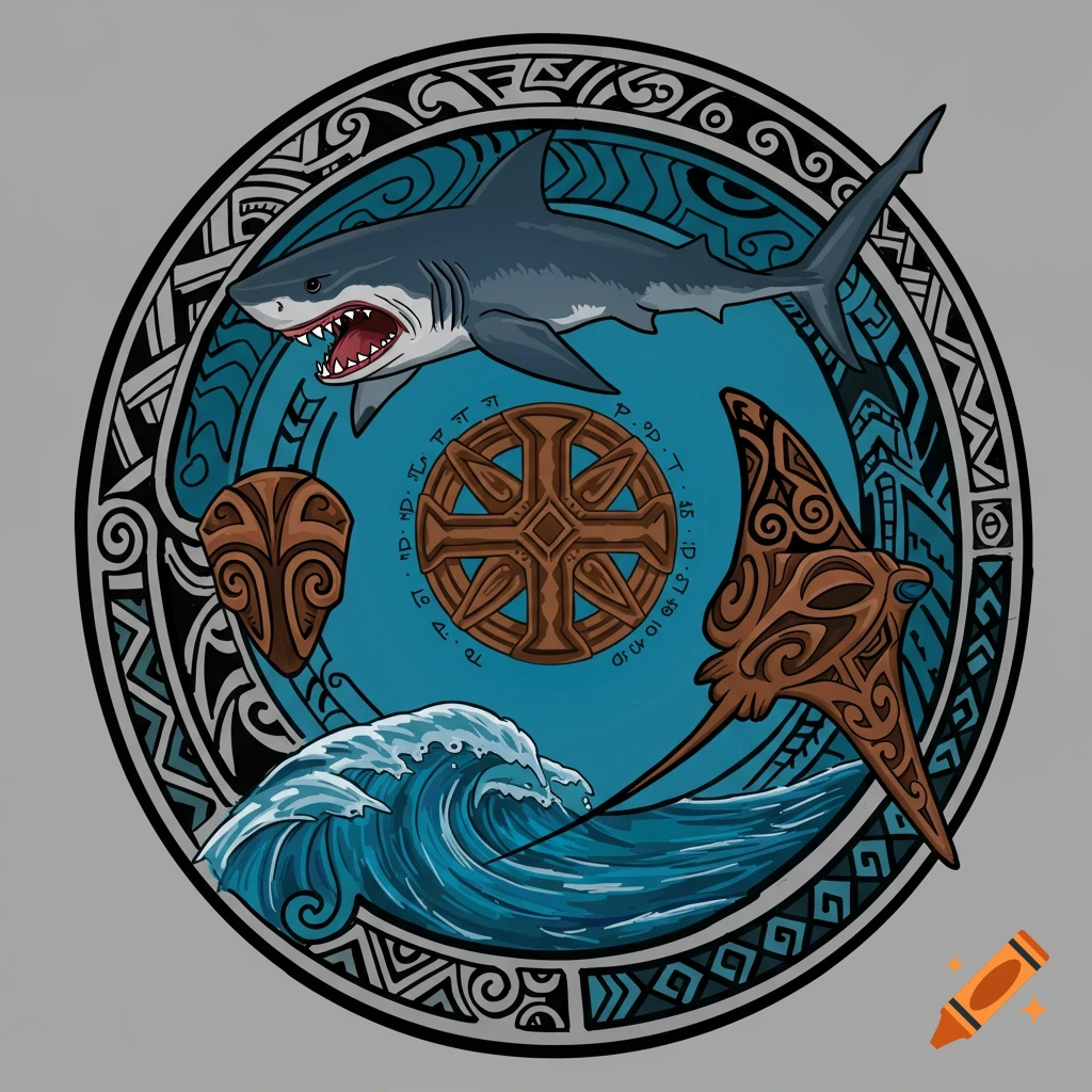 Tribal art depiction of a shark, stingray, waves, and symbols in a circular pattern.