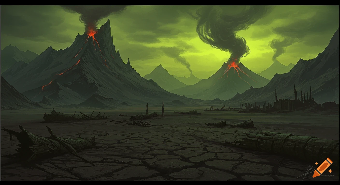 A dark, desolate landscape with smoking volcanoes, lava flows, cracked ground, and debris under a sickly green sky.