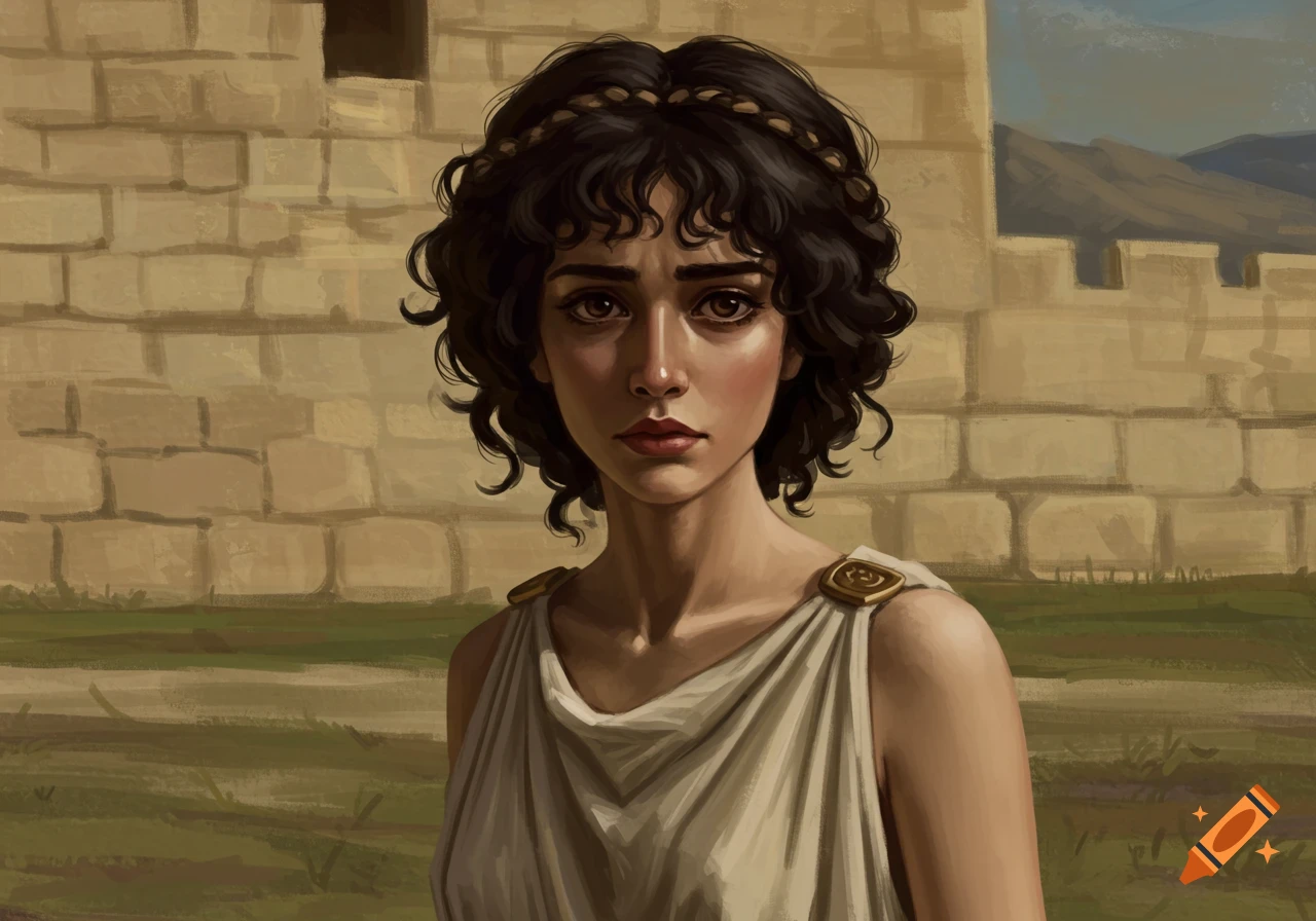 Painterly portrait of a young woman in classical Greek attire standing before a stone wall.