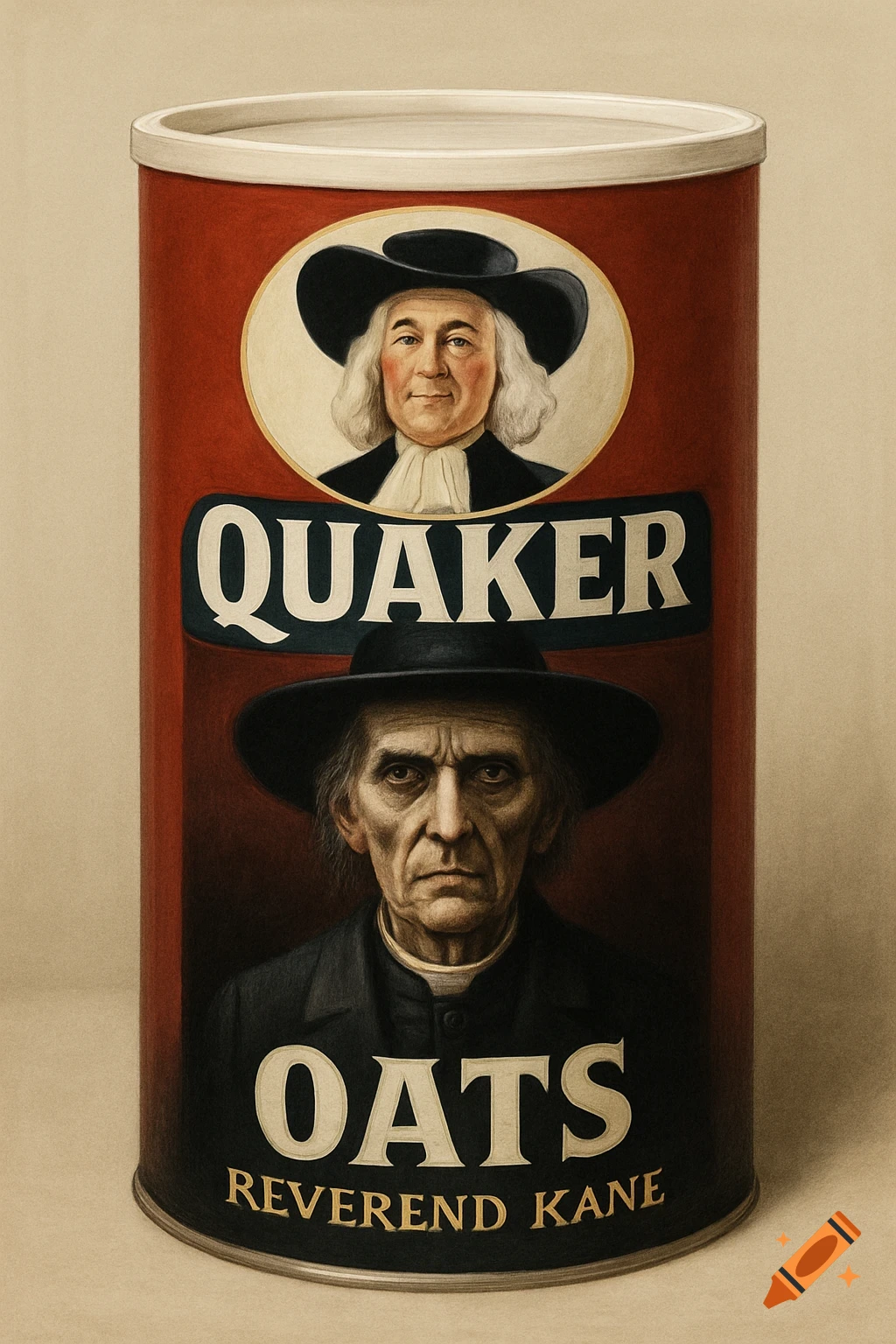 A Quaker Oats container featuring the Quaker Oats man and Reverend Kane from Poltergeist.
