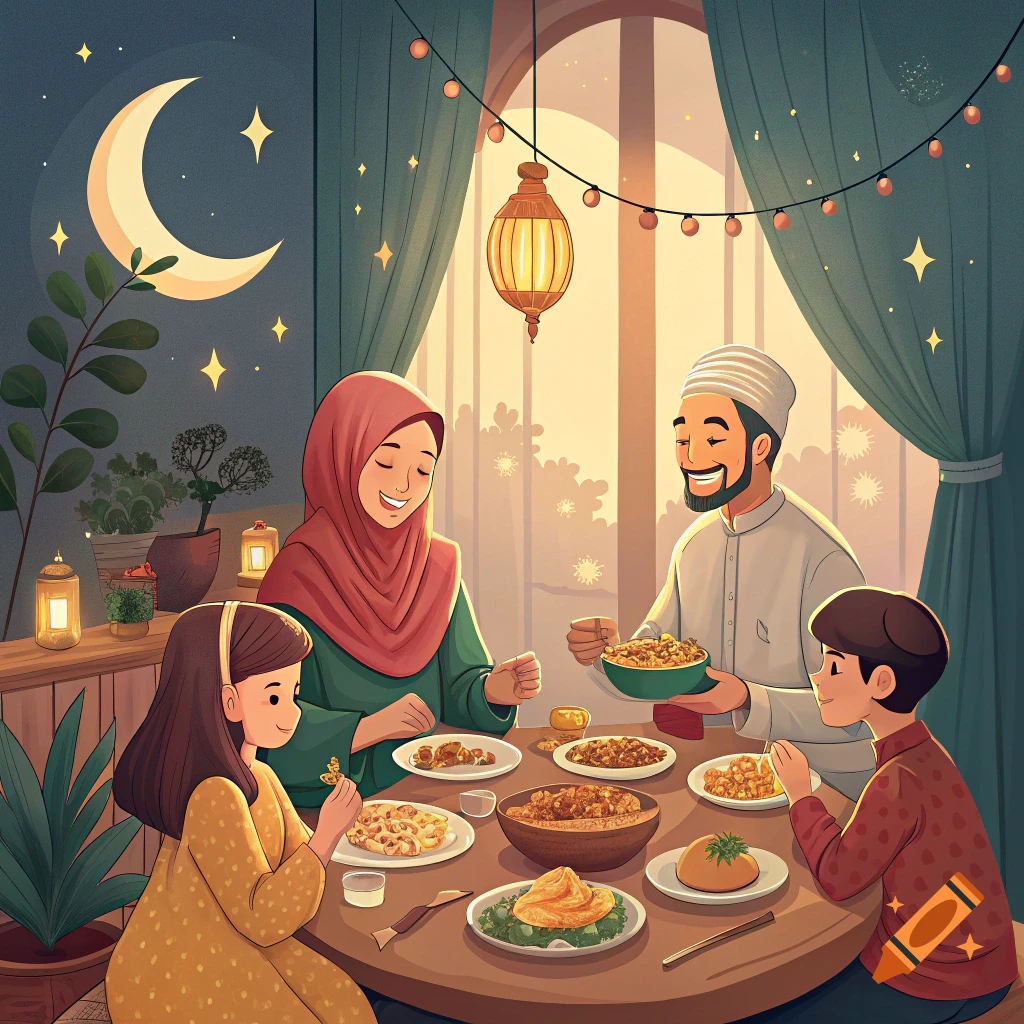 Illustrated family dining scene during Ramadan with lantern and crescent moon.