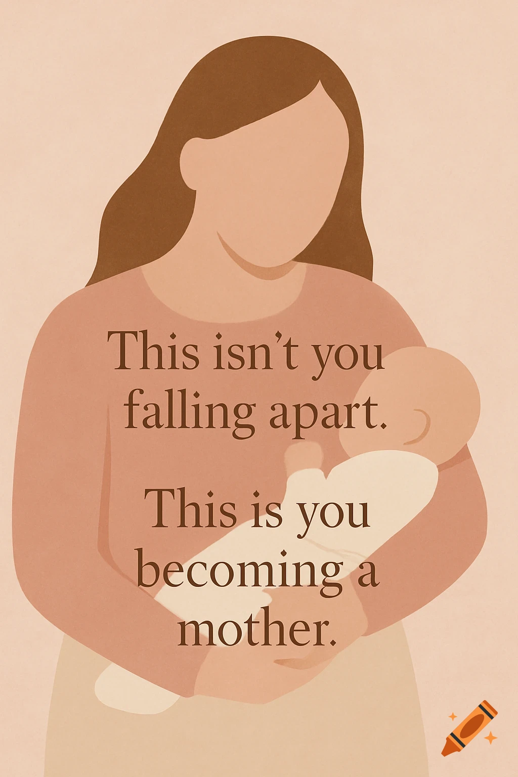 Minimalist illustration of a faceless mother holding a baby, with text overlay.