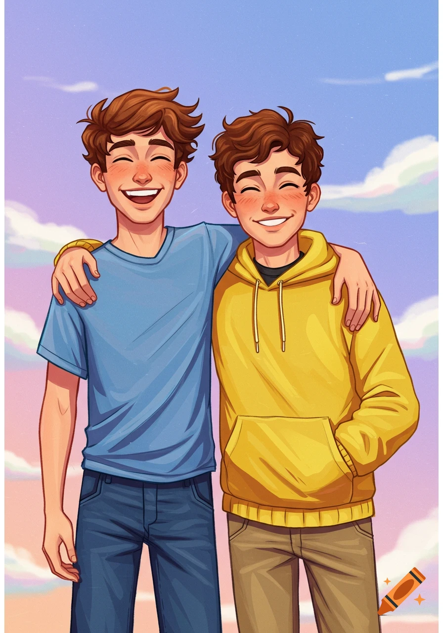 Illustration of two smiling young men embracing, standing against a soft, colorful sky background.
