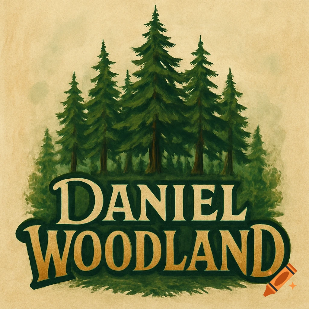 Logo with pine trees and the text Daniel Woodland in a painted style.