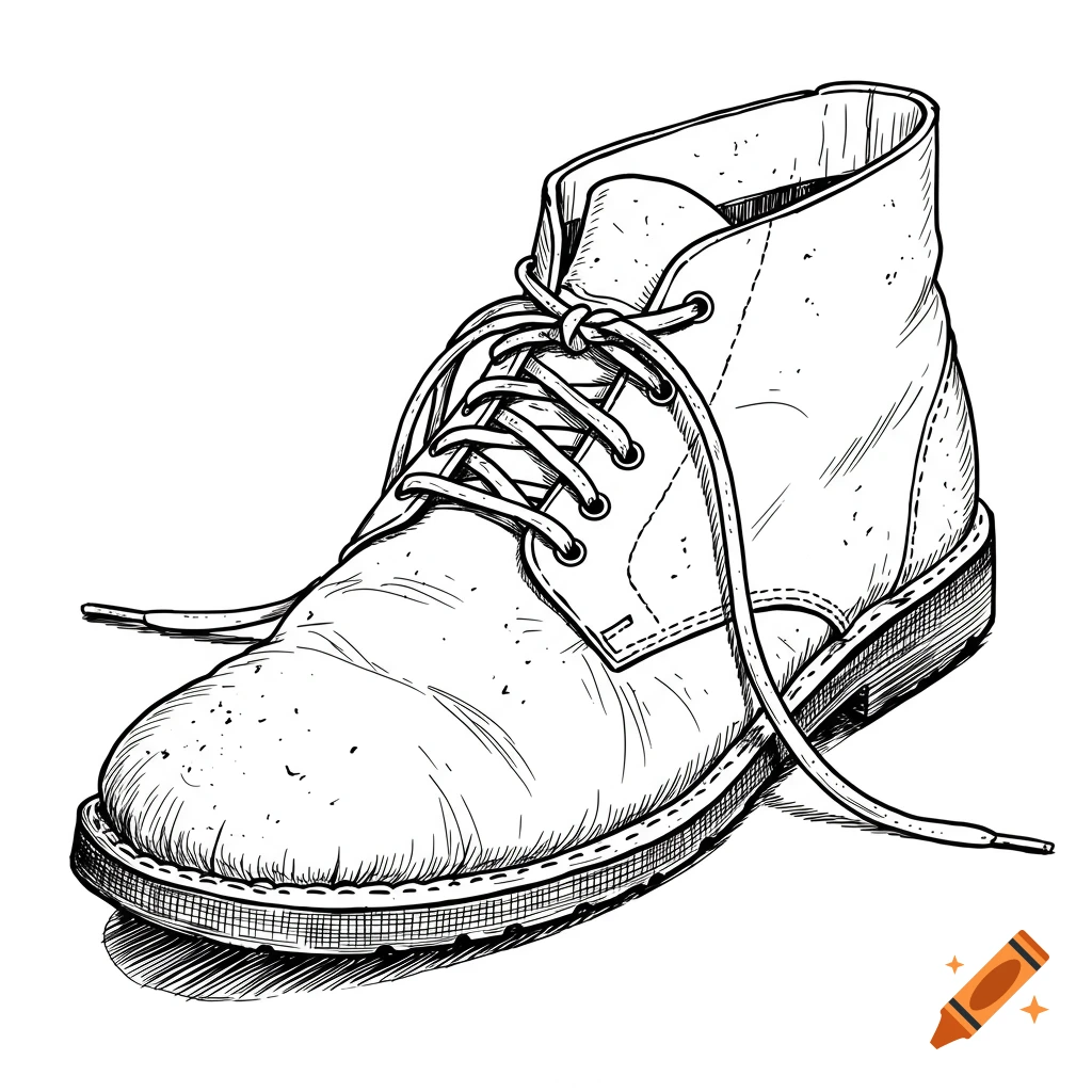 Line drawing of a single worn boot with loose laces.