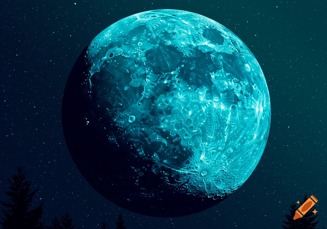 A large, bright blue-green full moon in a dark night sky with stars and silhouetted trees.