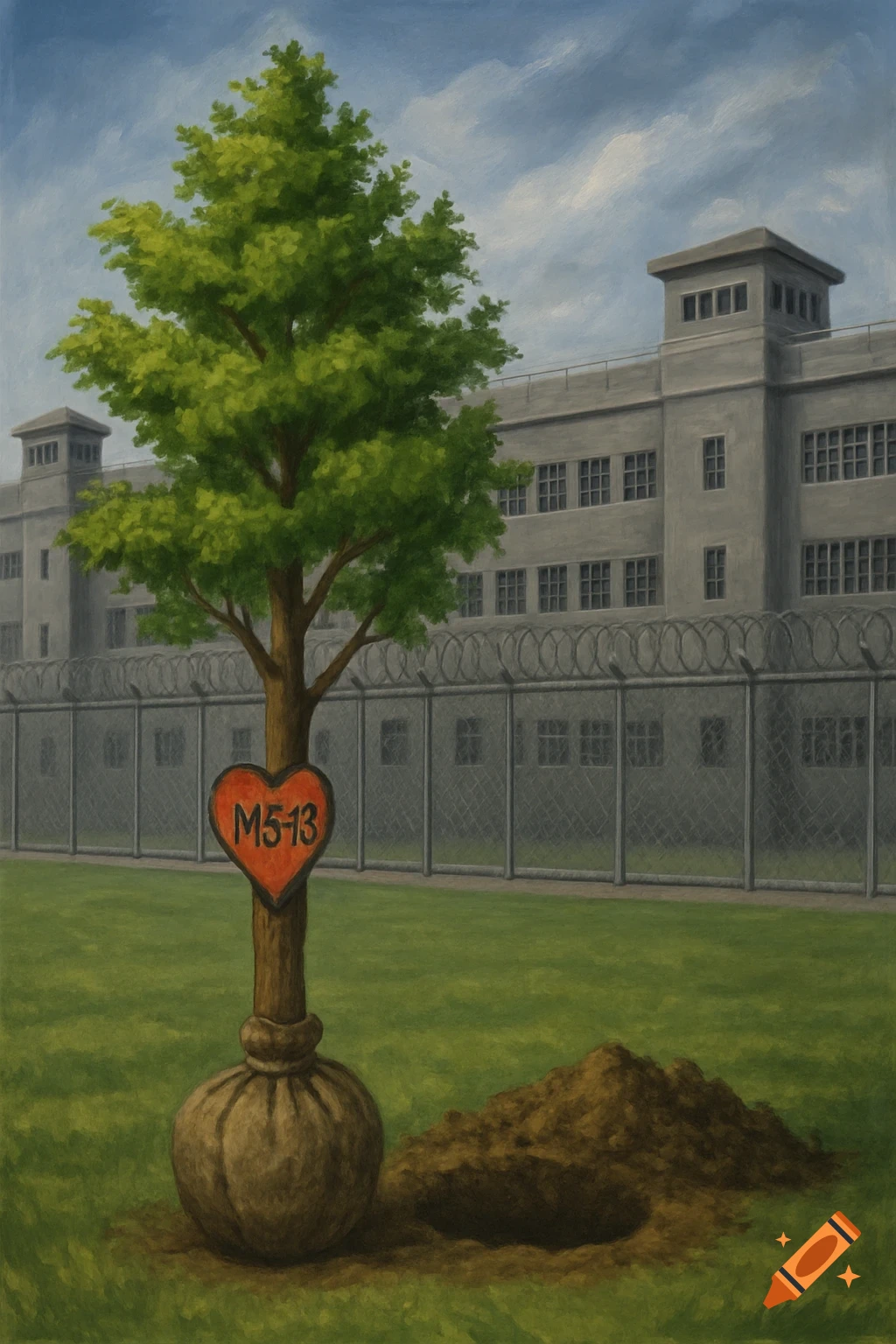 An illustration of a tree with a heart tag in front of a prison.