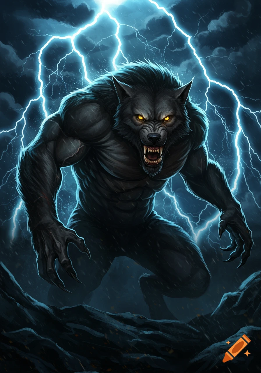 An illustration of a snarling werewolf illuminated by lightning during a storm.