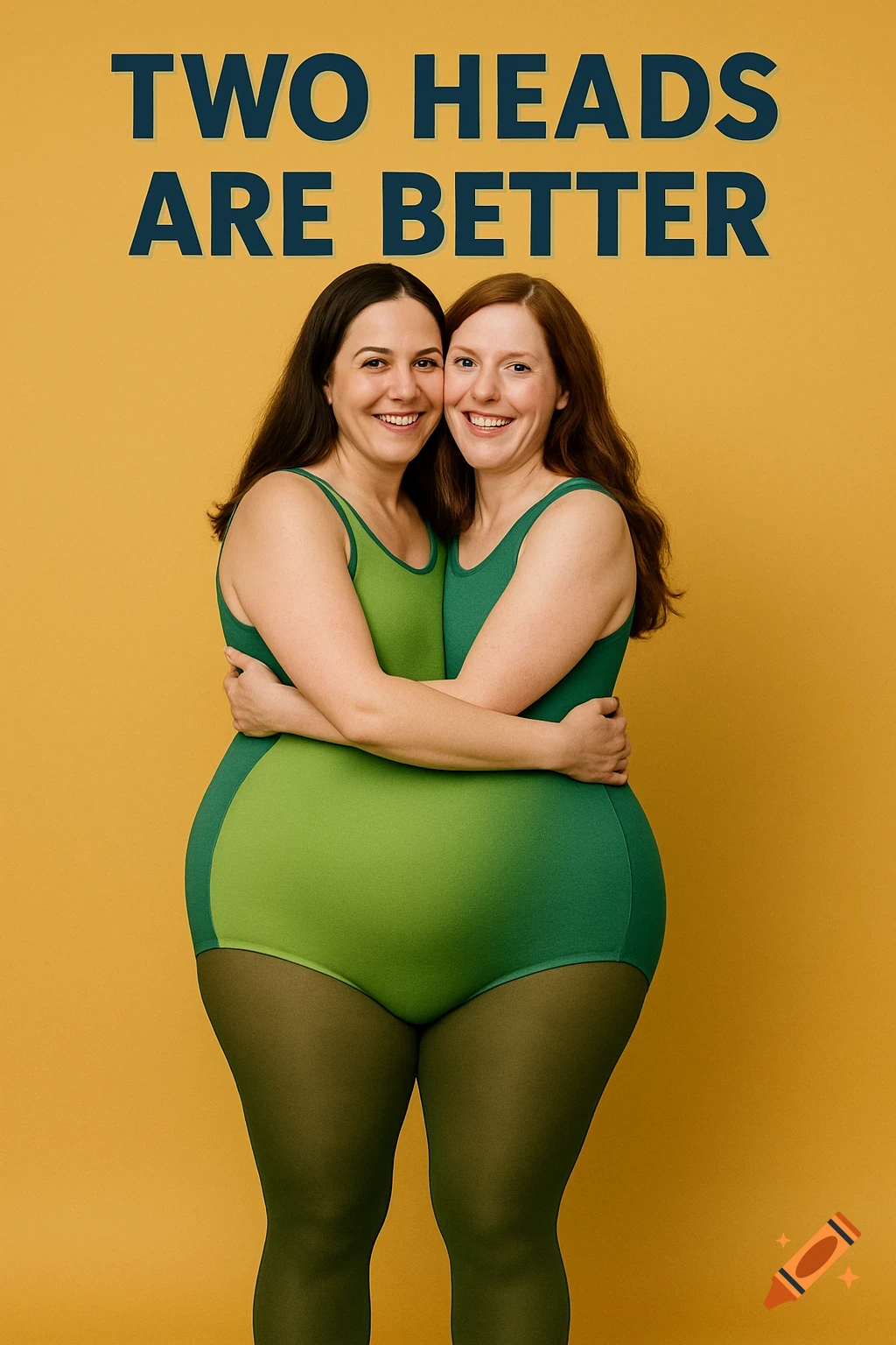 Two women appear to share a single body in a green leotard with 'TWO HEADS ARE BETTER' text above, yellow background.