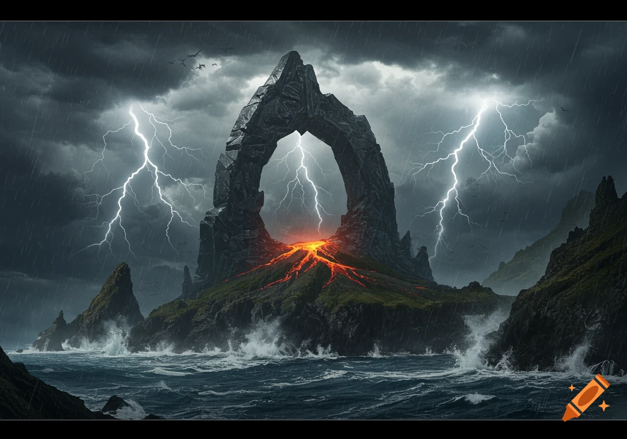 A stormy volcanic island with a large rock arch, erupting lava, lightning, and rough seas.