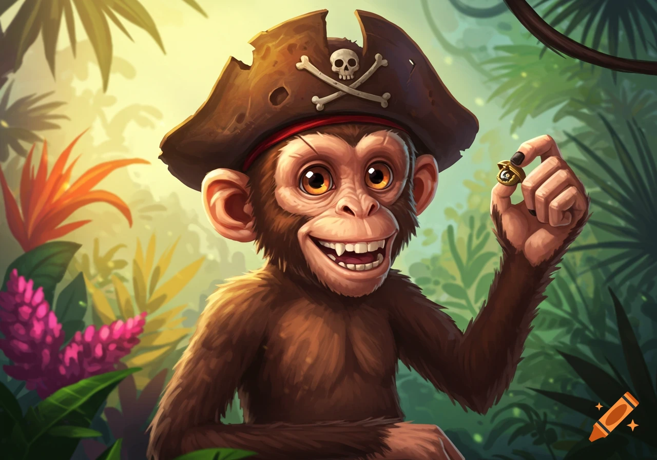 Cartoon monkey in a pirate hat holding a small object in a jungle.