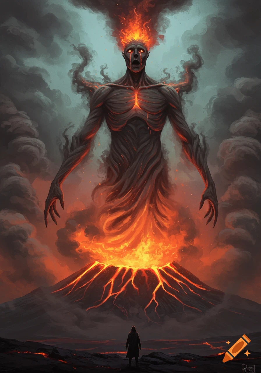 A colossal figure made of fire and ash emerges from a volcano while a small person watches below. Digital painting.