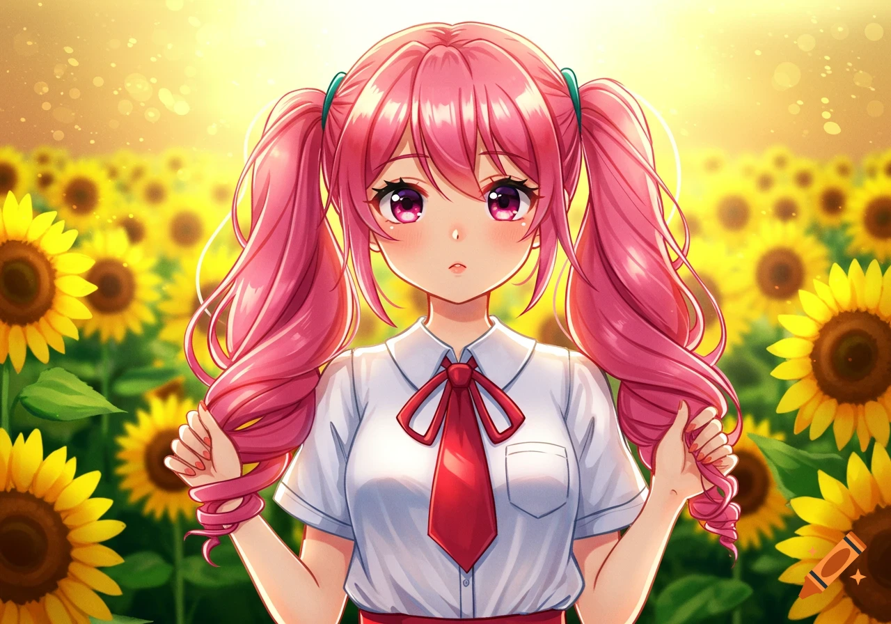 Anime girl with pink pigtails holds her hair in a field of sunflowers in a bright simple art style