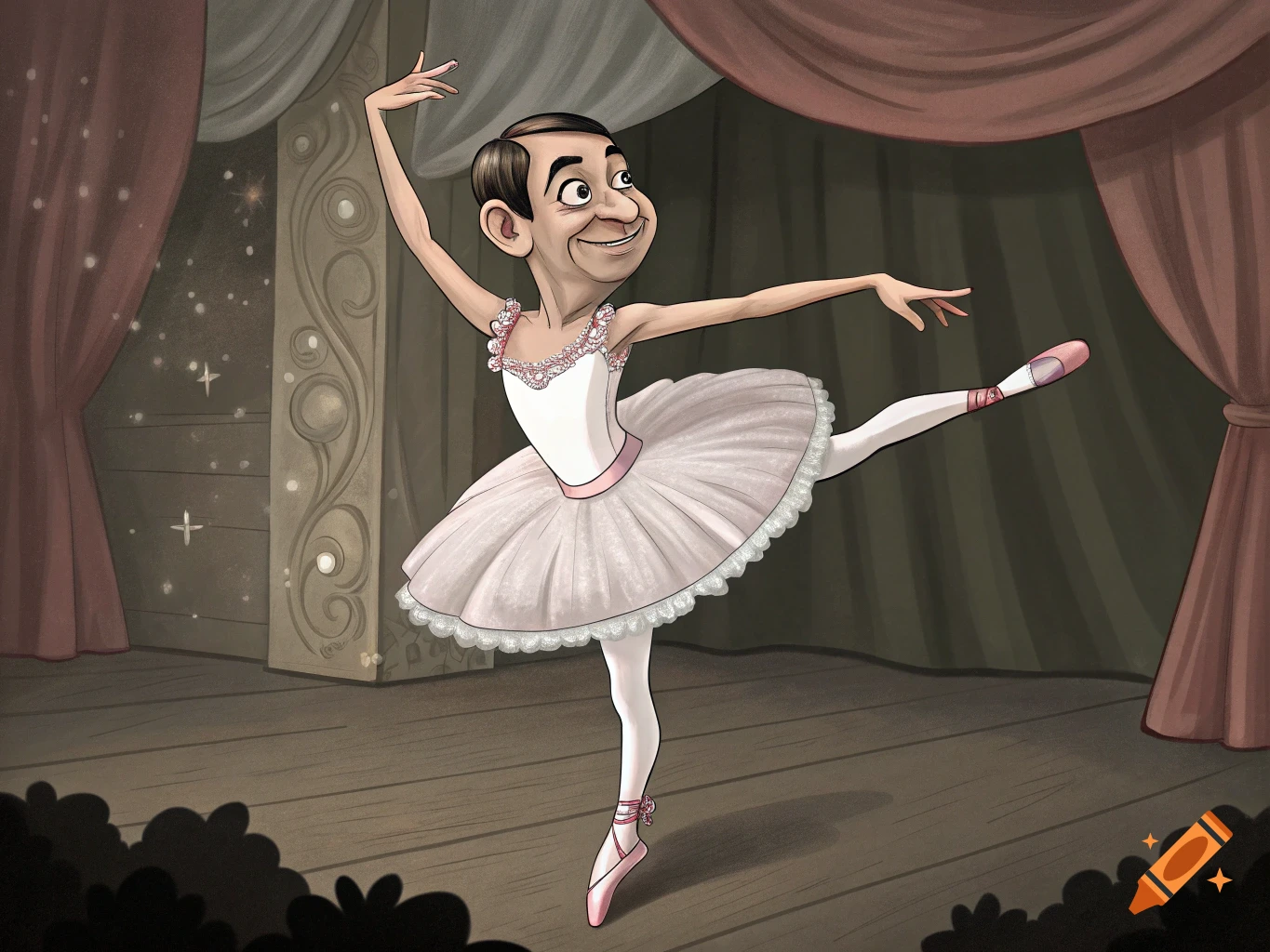 Cartoon of Mr. Bean performing ballet on a stage, wearing a white tutu and pink ballet shoes.