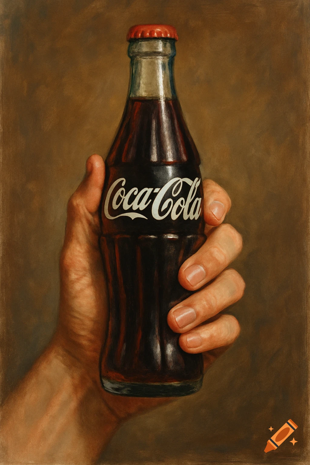 Painting of a hand holding a Coca-Cola bottle