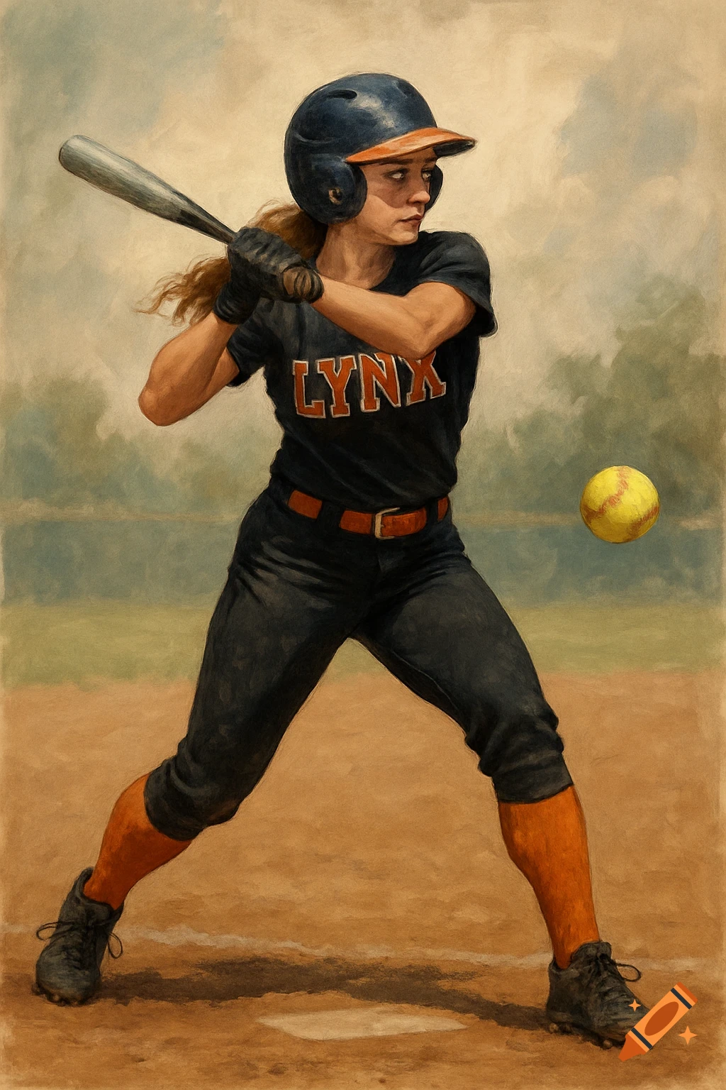 Painting of a female softball player wearing a Lynx jersey, batting.