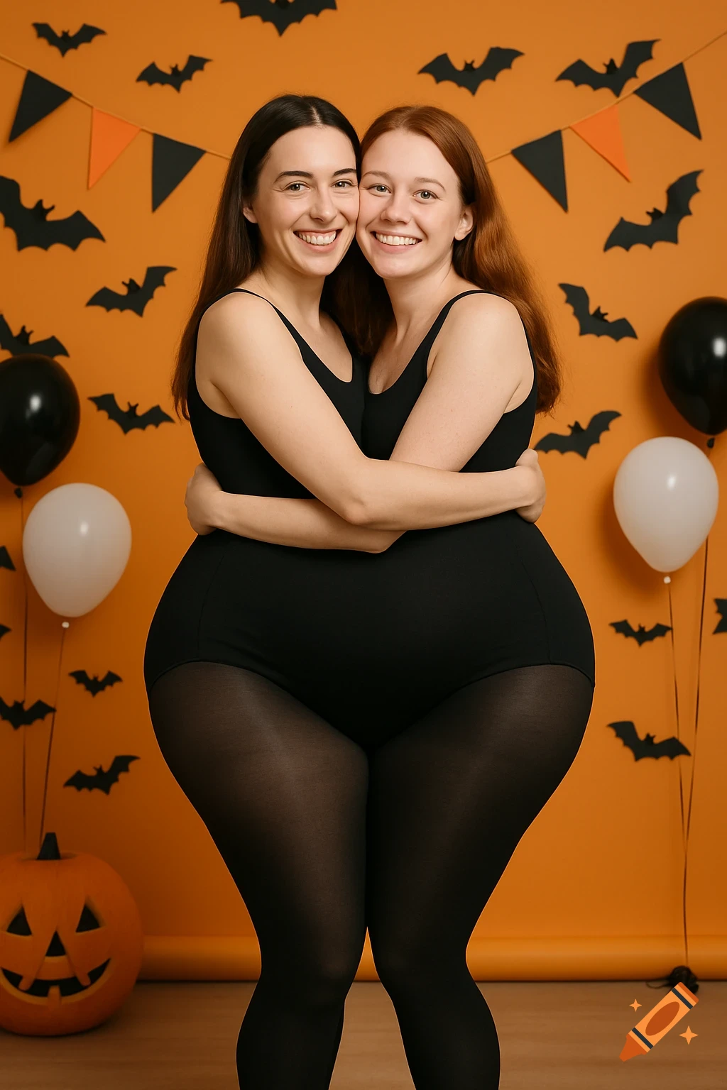 Two women in black leotards merged into one figure with two heads in a Halloween setting with bats.
