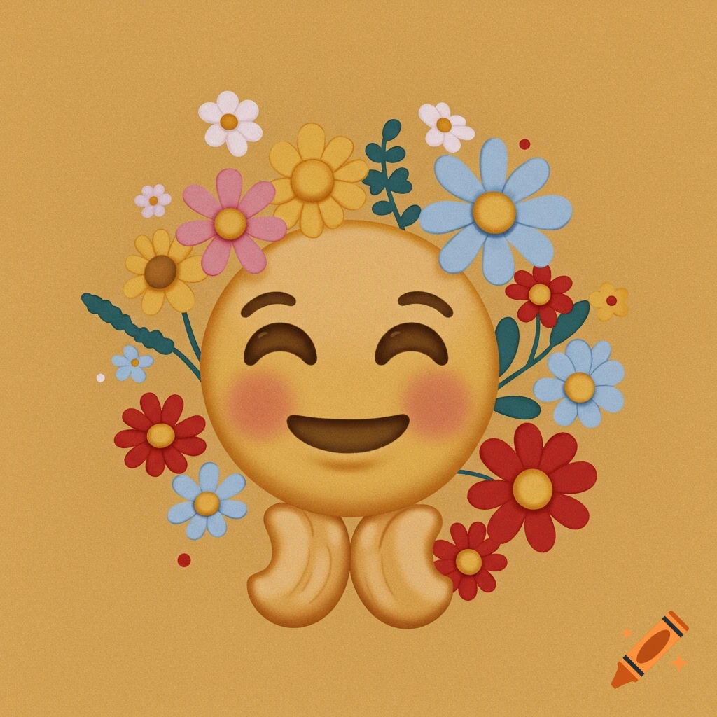 Smiling emoji with closed eyes, blushing cheeks, and hands covering its mouth, surrounded by colorful flowers and leaves on an orange background.