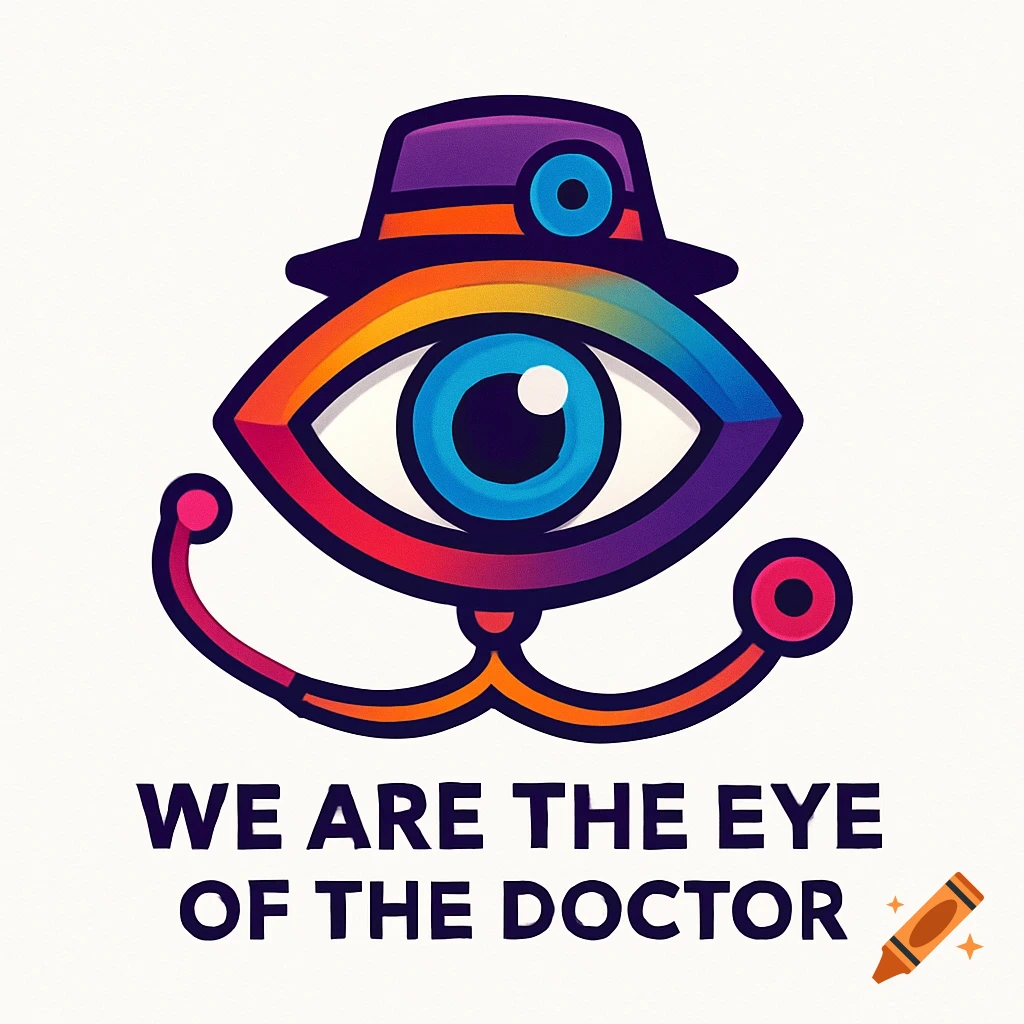 Colorful logo of an eye wearing a hat, with text 'WE ARE THE EYE OF THE DOCTOR'