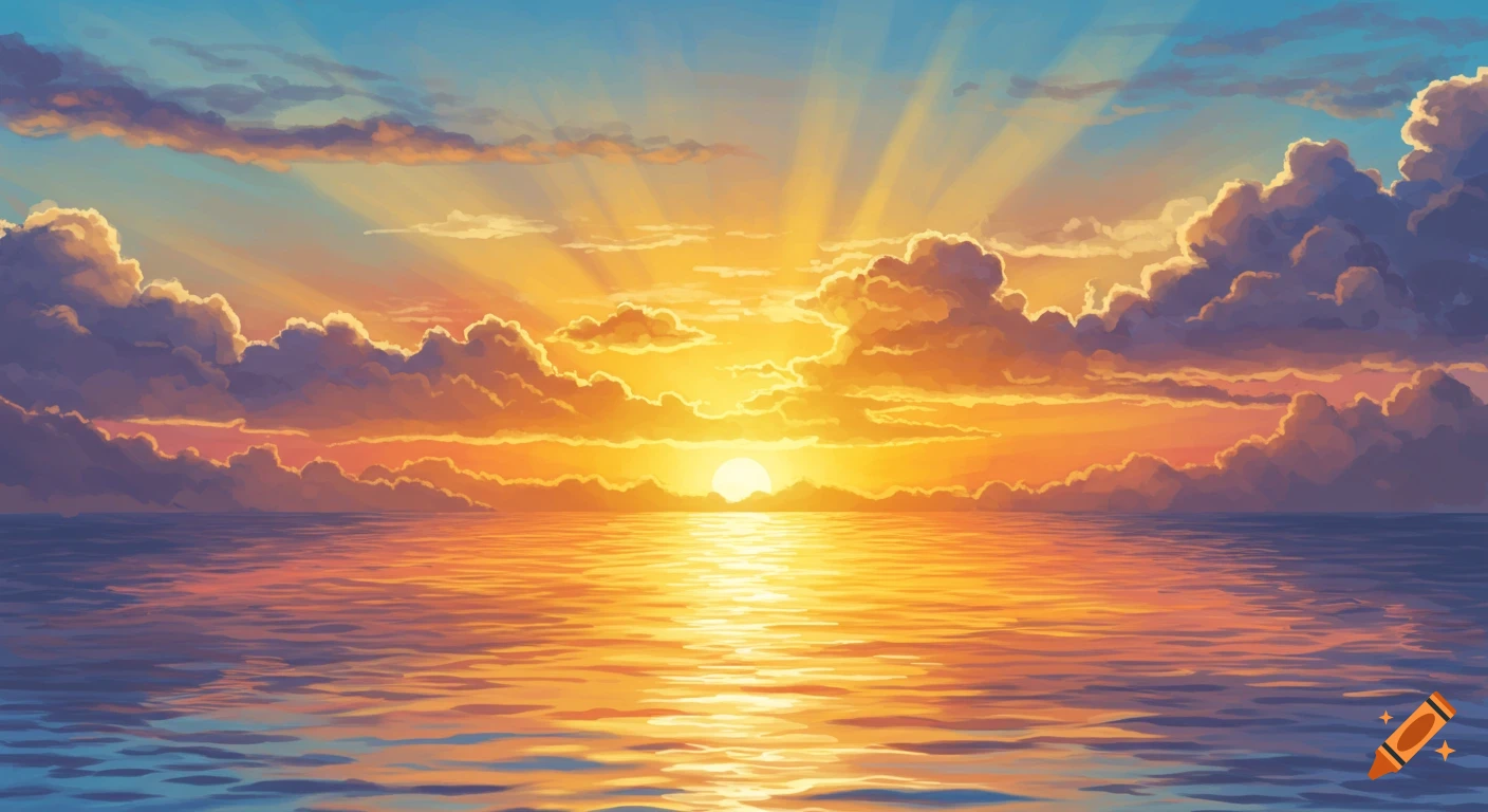Vibrant sunrise over the ocean with dramatic clouds and sunlight filtering through